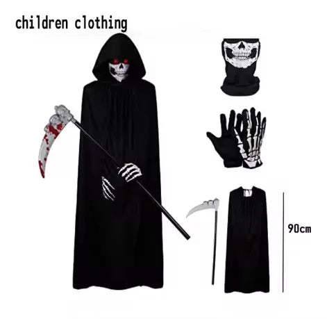 2025 Halloween cosplay costume: Grim Reaper, terrifying skeleton costume for children, adult Grim Reaper, ghost robe, and sickle